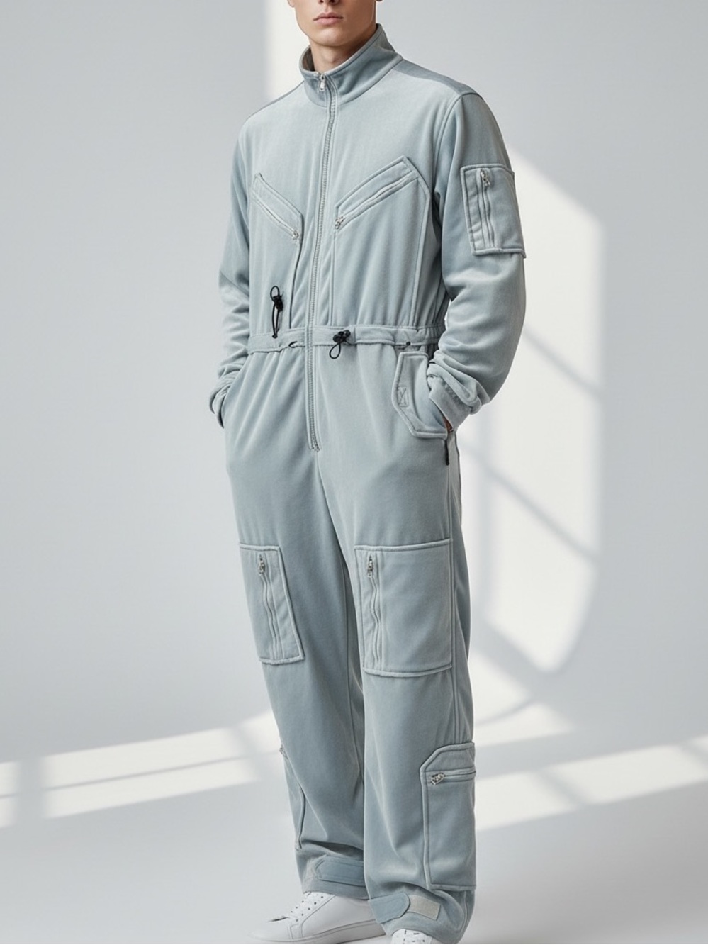 East Port New York Utility Fleece Jumpsuit in Light Gray Blue Fully Lined Overal